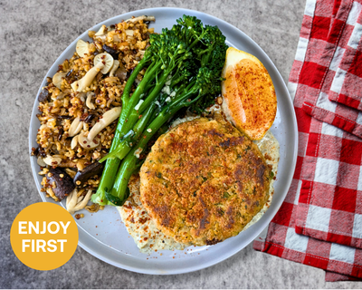 Crab-less Cake with Dirty Rice & Broccolini