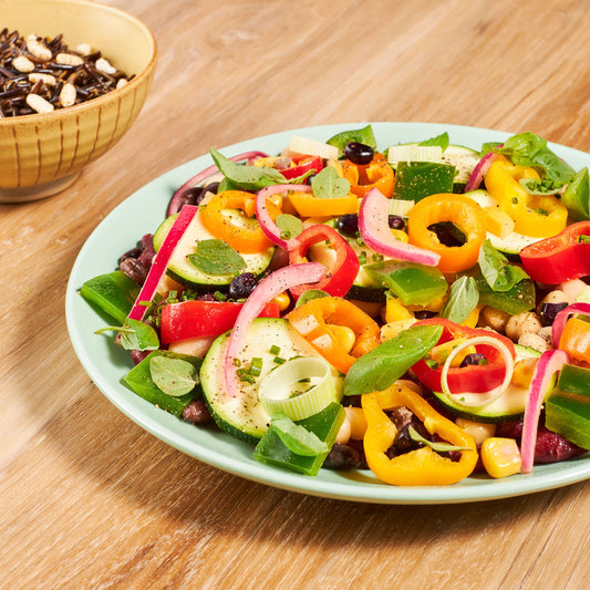 Three Sister Salad with peppers onion black beans