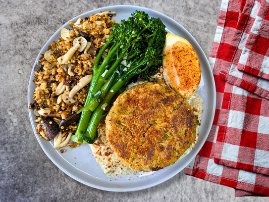 Crab-less Cake with Dirty Rice & Broccolini